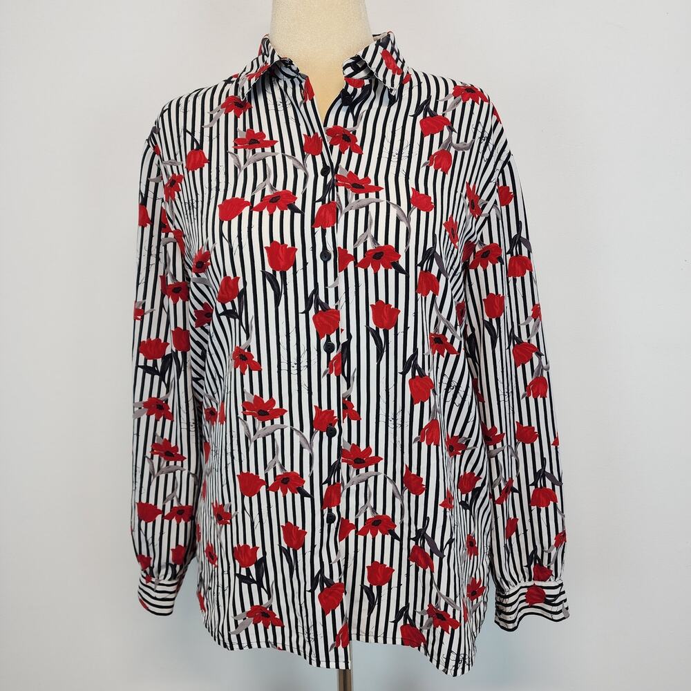 Vintage Alia Red Floral Button Up Blouse Size 14 Stripe Long Sleeve Career